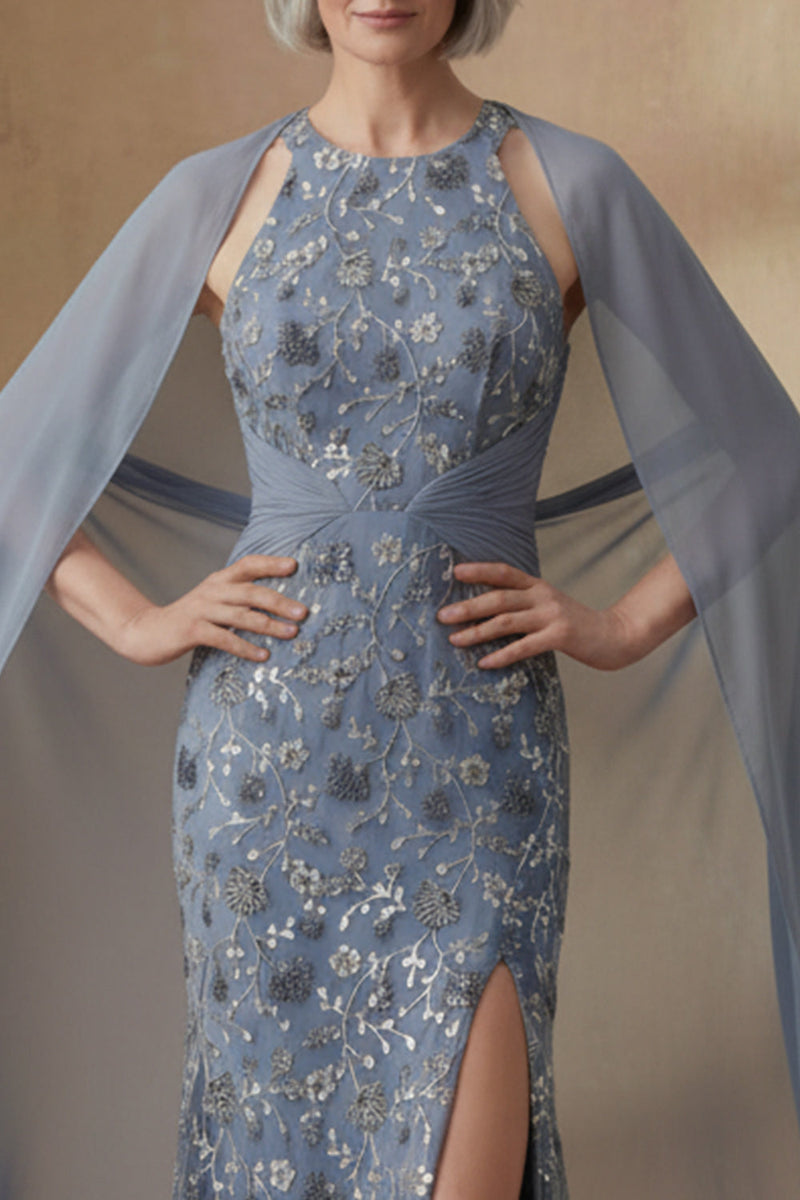 Load image into Gallery viewer, Mermaid Twilight Round Neck Floral Long Mother of the Bride Dress with Cape