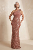 Load image into Gallery viewer, Sparkly One Shoulder Desert Rose Long Mother of the Bride Dress with Flowers