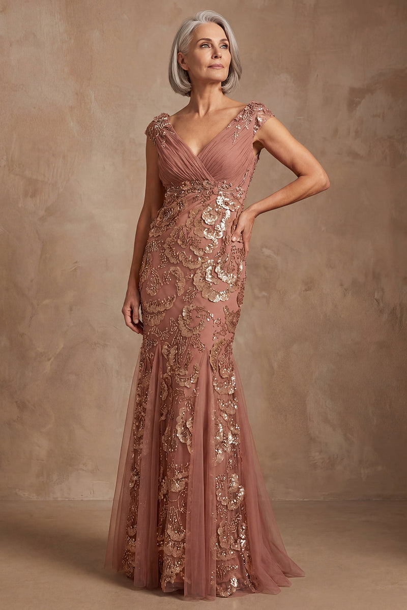 Load image into Gallery viewer, Sparkly Desert Rose Beaded V Neck Floral Mother of the Bride Dress