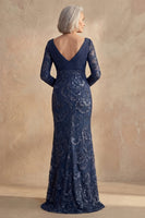 Load image into Gallery viewer, Sparkly Navy V Neck Floral Beaded Mother of the Bride Dress with Sleeves