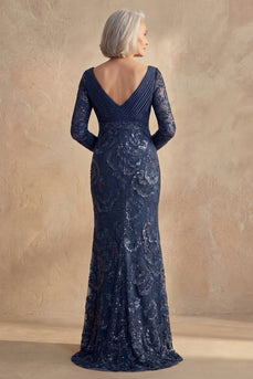Sparkly Navy V Neck Floral Beaded Mother of the Bride Dress with Sleeves