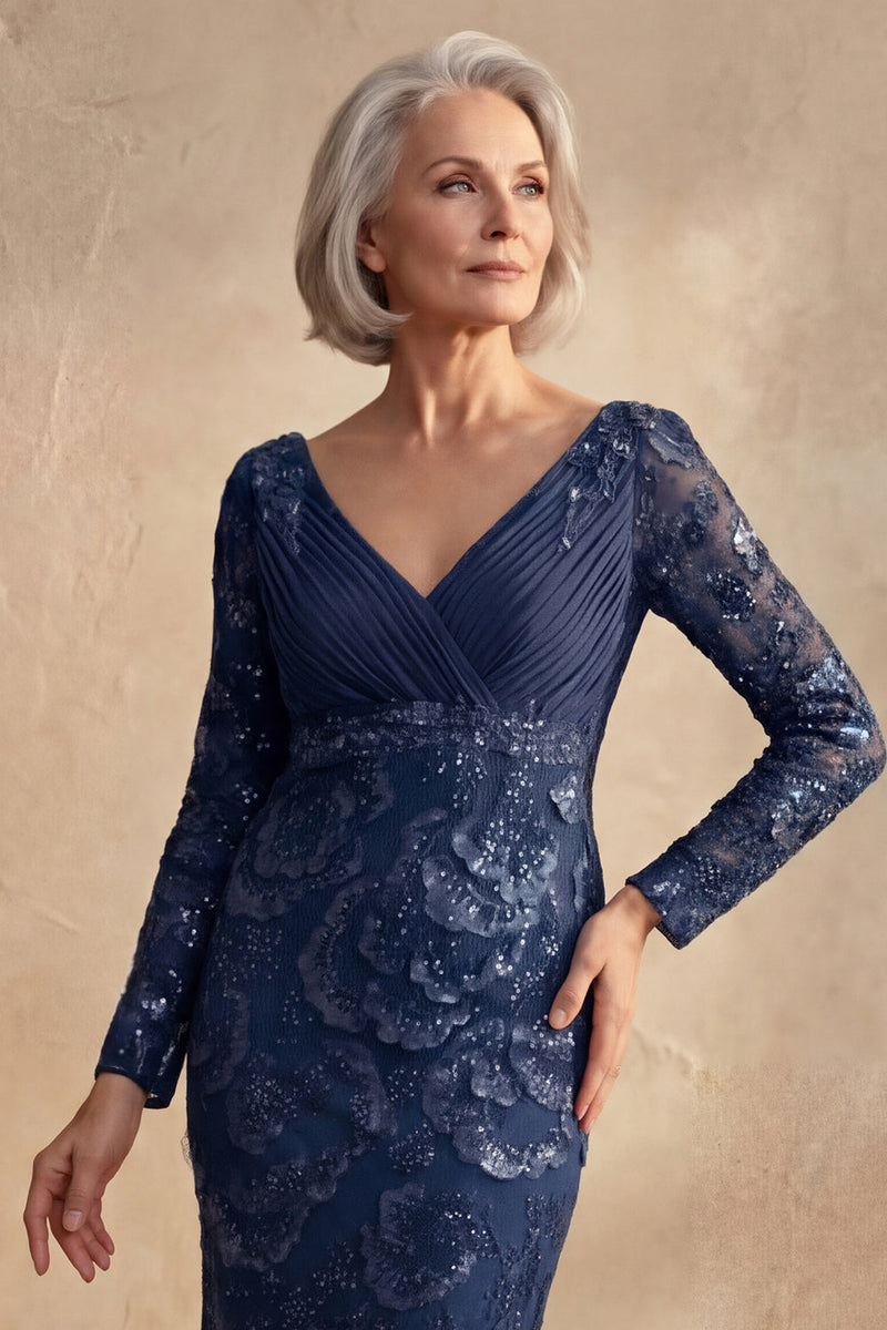 Load image into Gallery viewer, Sparkly Navy V Neck Floral Beaded Mother of the Bride Dress with Sleeves