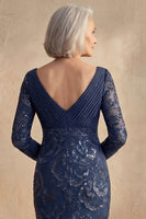 Load image into Gallery viewer, Sparkly Navy V Neck Floral Beaded Mother of the Bride Dress with Sleeves