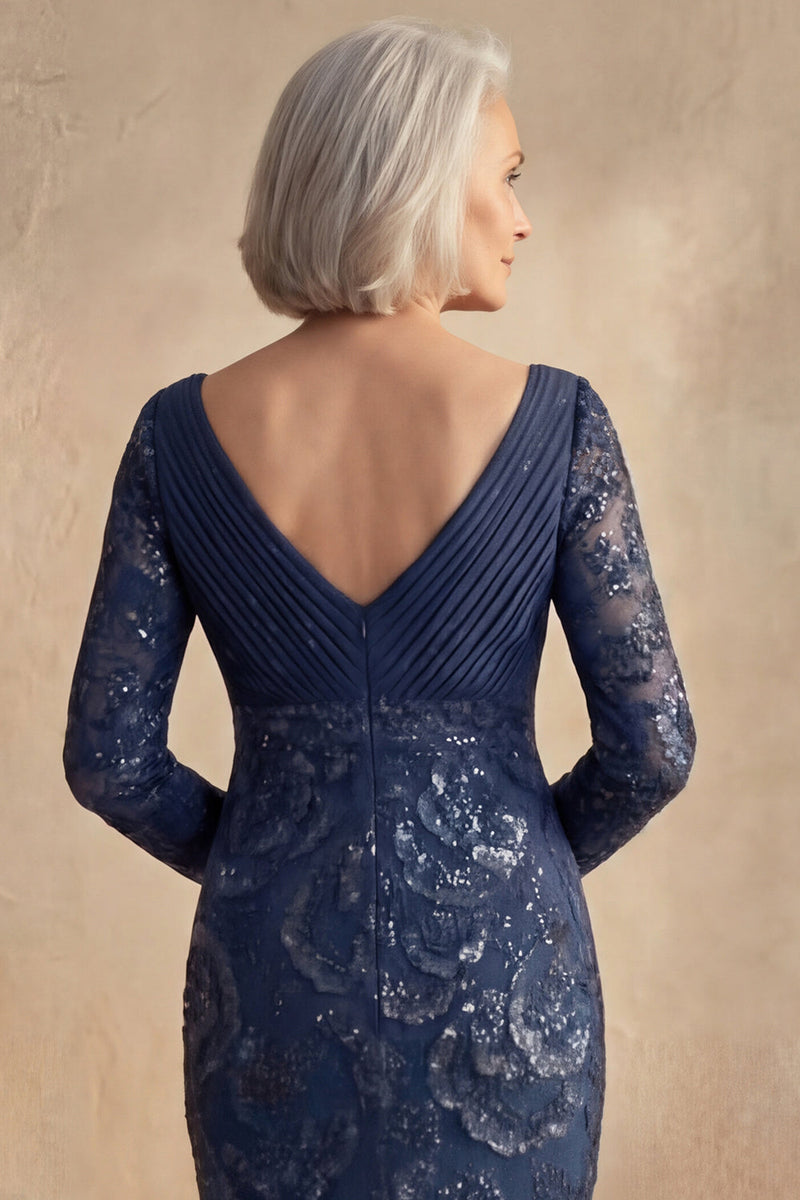 Load image into Gallery viewer, Sparkly Navy V Neck Floral Beaded Mother of the Bride Dress with Sleeves