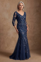 Load image into Gallery viewer, Navy Floral Mermaid Lace Long Beaded Mother of the Bride Dress with Sleeves