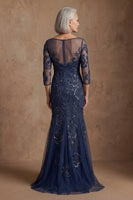 Load image into Gallery viewer, Navy Floral Mermaid Lace Long Beaded Mother of the Bride Dress with Sleeves