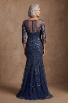 Navy Floral Mermaid Lace Long Beaded Mother of the Bride Dress with Sleeves