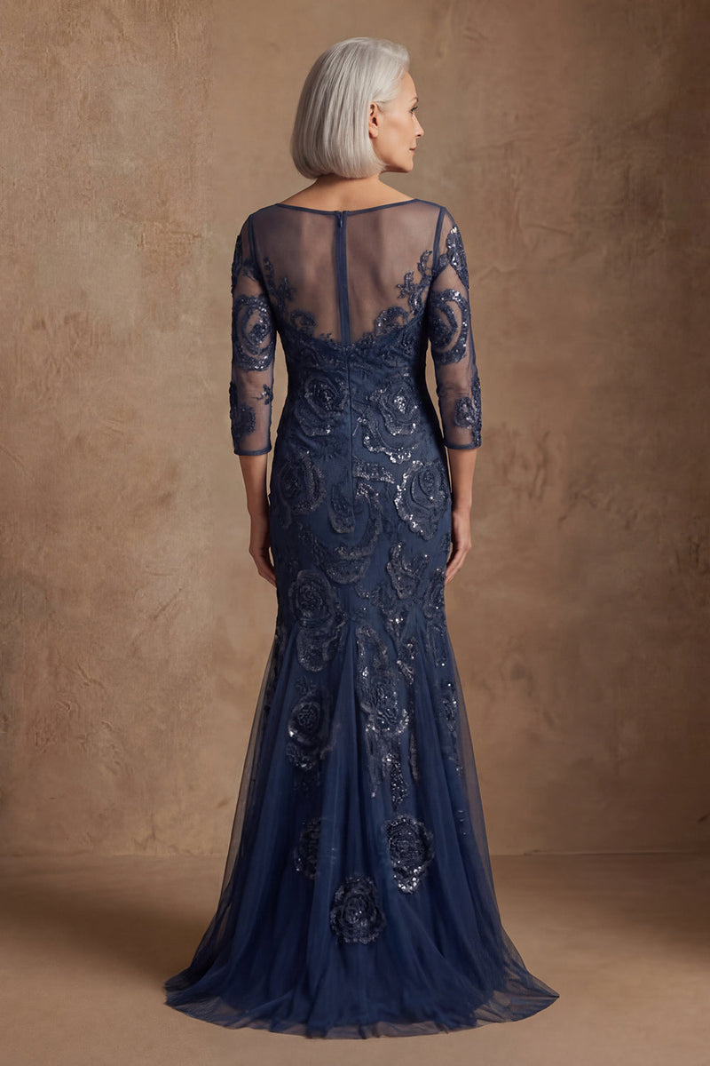 Load image into Gallery viewer, Navy Floral Mermaid Lace Long Beaded Mother of the Bride Dress with Sleeves