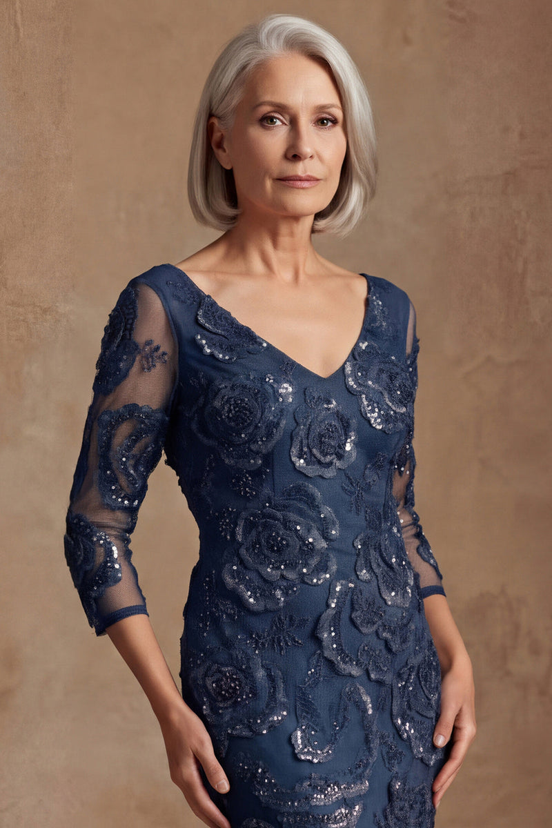 Load image into Gallery viewer, Navy Floral Mermaid Lace Long Beaded Mother of the Bride Dress with Sleeves