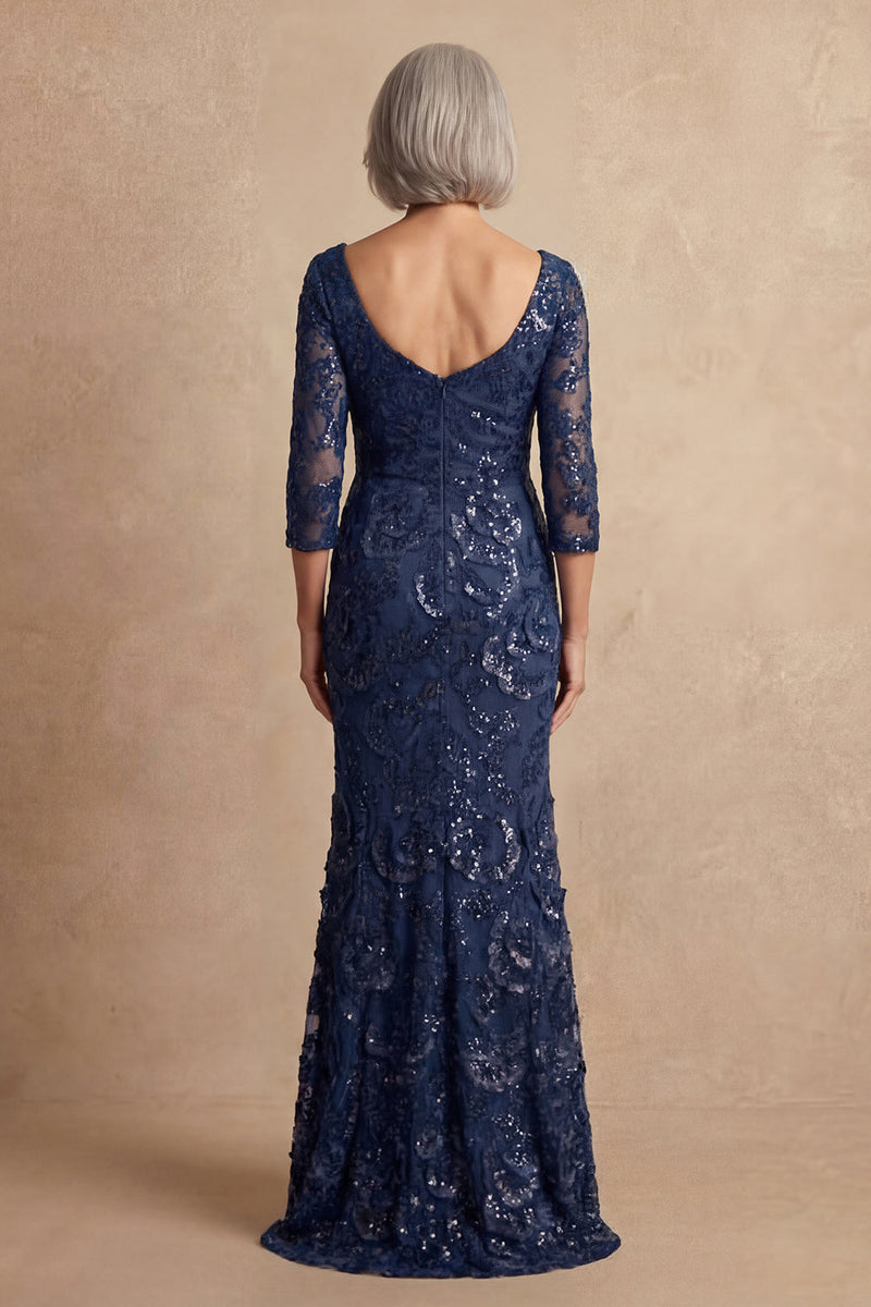 Load image into Gallery viewer, Sparkly Navy Floral Long Sleeves Mother of the Bride Dress