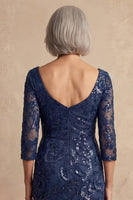 Load image into Gallery viewer, Sparkly Navy Floral Long Sleeves Mother of the Bride Dress