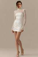 Load image into Gallery viewer, White Bodycon Ruffled Short High Neck Graduation Dress with Sleeves