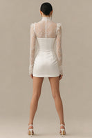 Load image into Gallery viewer, White Bodycon Ruffled Short High Neck Graduation Dress with Sleeves