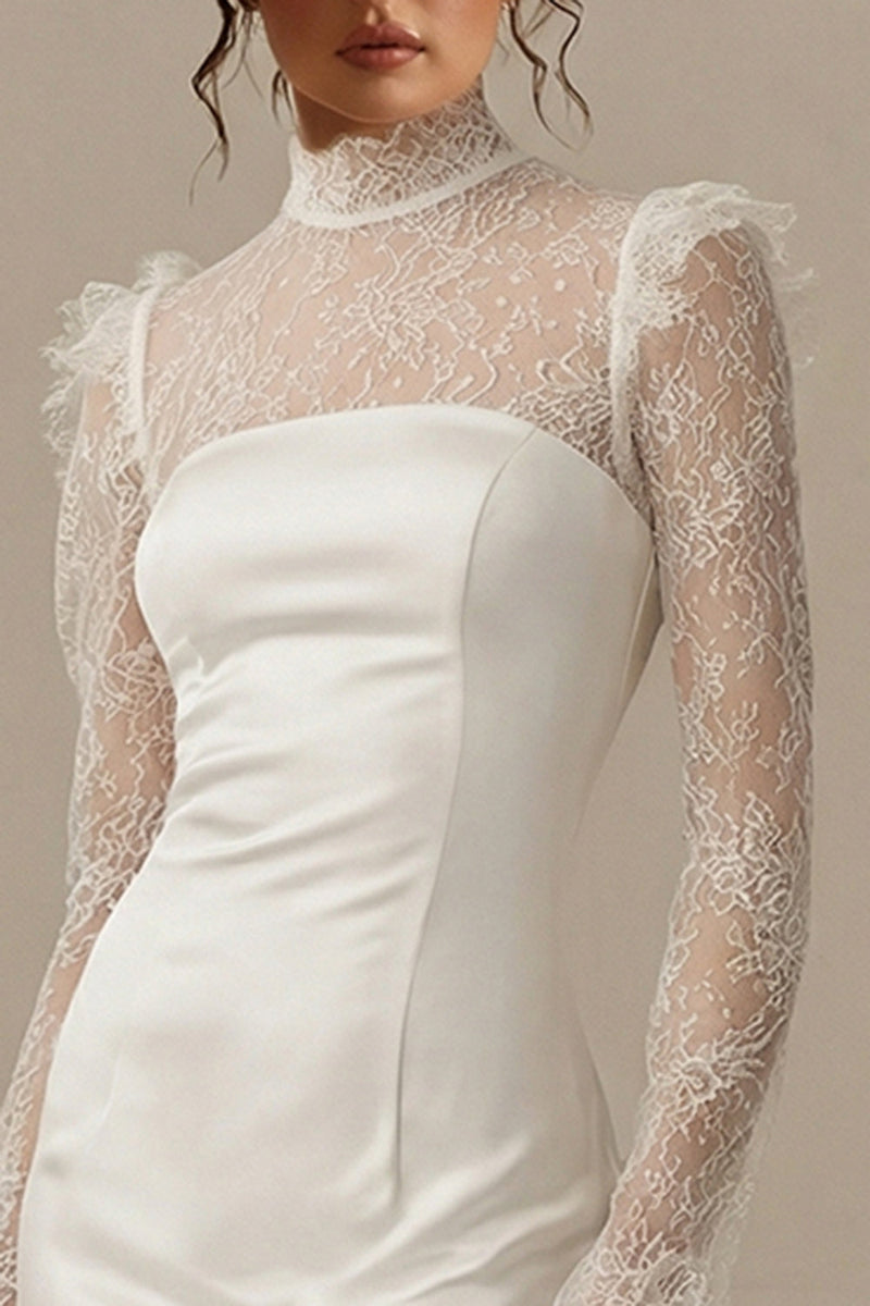 Load image into Gallery viewer, White Bodycon Ruffled Short High Neck Graduation Dress with Sleeves