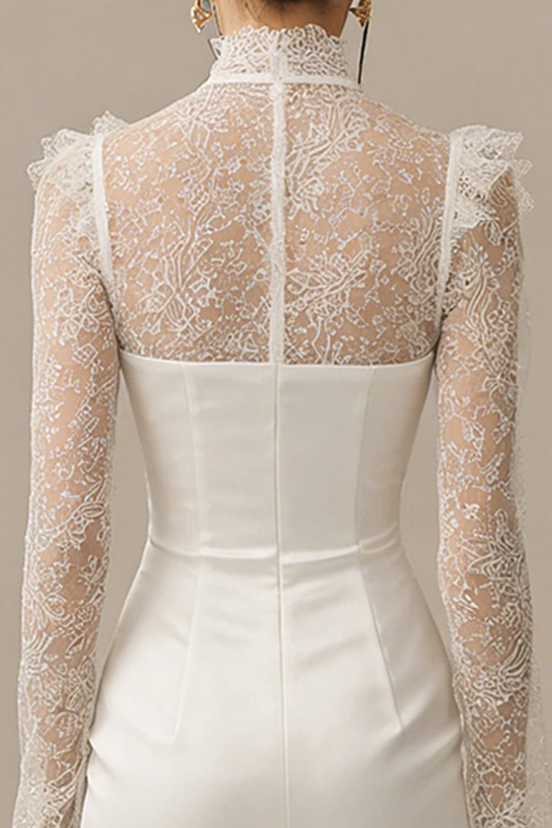 Load image into Gallery viewer, White Bodycon Ruffled Short High Neck Graduation Dress with Sleeves
