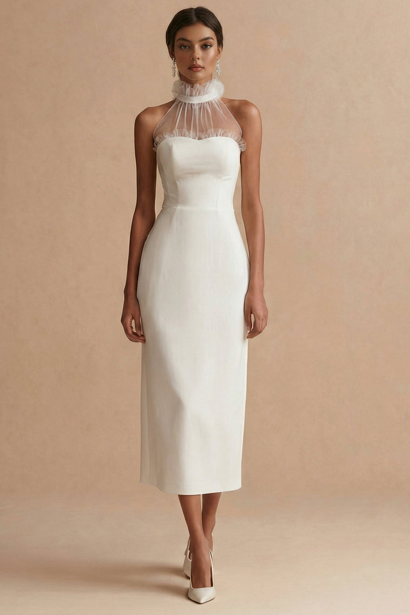 Load image into Gallery viewer, White Sheath Ruffled Round Neck Maxi Engagement Dress