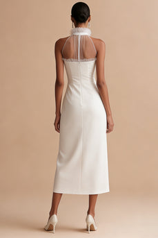White Sheath Ruffled Round Neck Maxi Engagement Dress