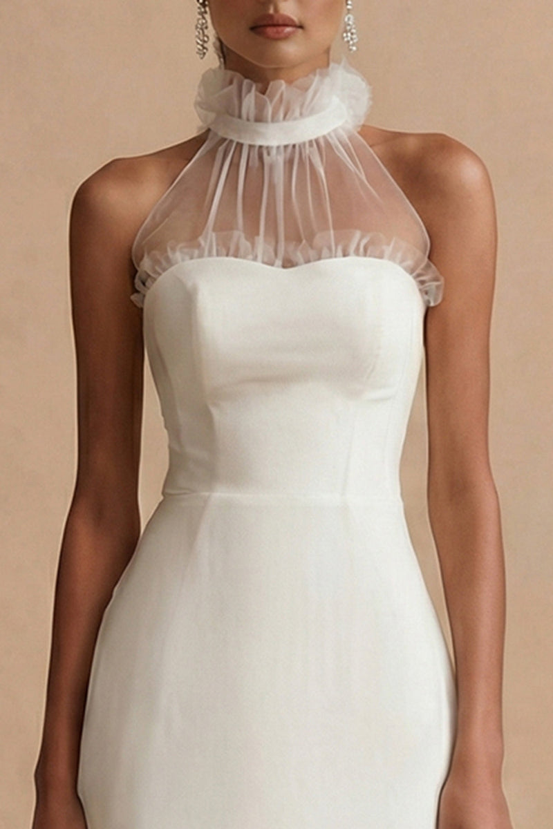 Load image into Gallery viewer, White Sheath Ruffled Round Neck Maxi Engagement Dress