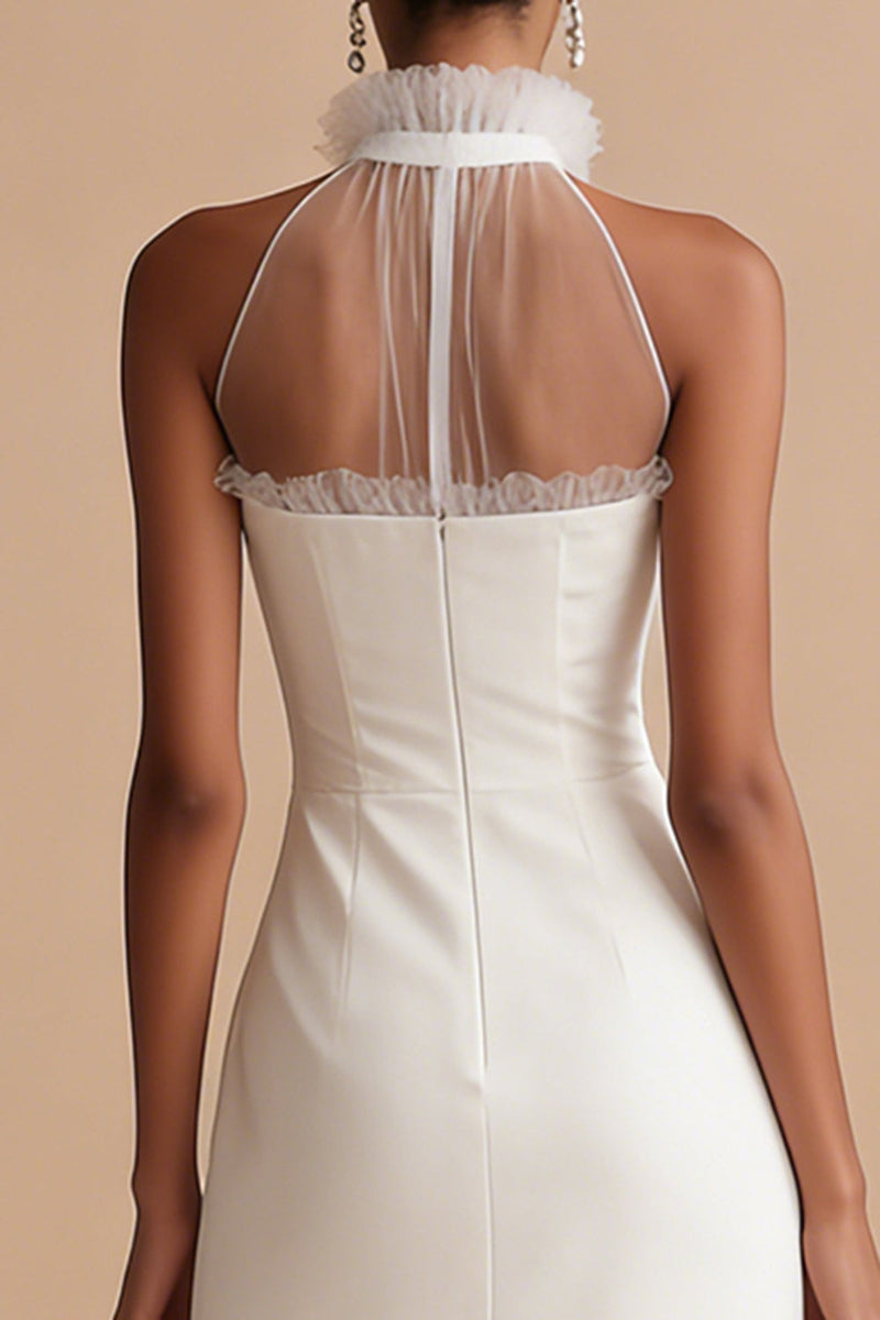 Load image into Gallery viewer, White Sheath Ruffled Round Neck Maxi Engagement Dress