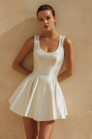 Load image into Gallery viewer, White Short A Line Satin Scoop Neck Graduation Dress