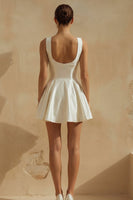 Load image into Gallery viewer, White Short A Line Satin Scoop Neck Graduation Dress