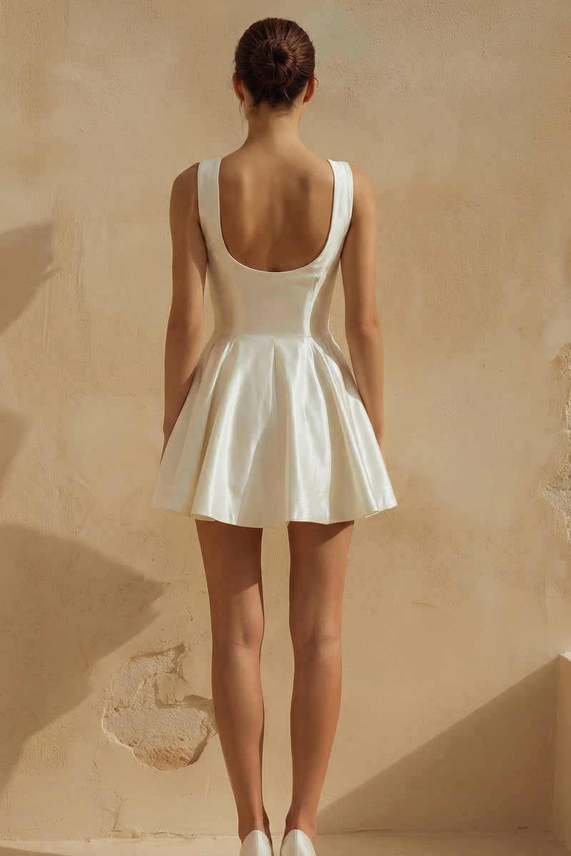 Load image into Gallery viewer, White Short A Line Satin Scoop Neck Graduation Dress