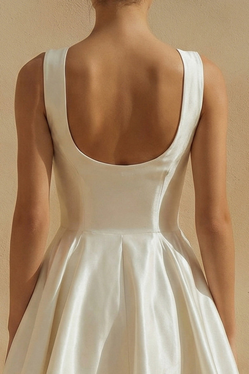 Load image into Gallery viewer, White Short A Line Satin Scoop Neck Graduation Dress