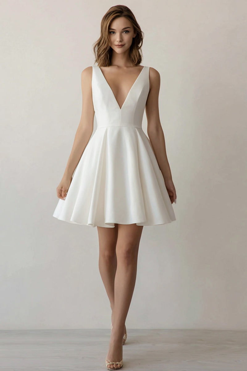 Load image into Gallery viewer, White A Line V Neck Short Graduation Dress