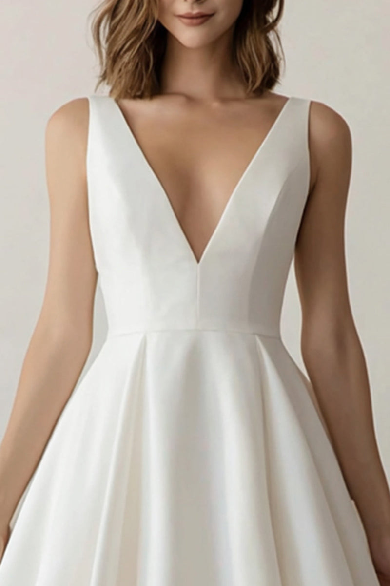 Load image into Gallery viewer, White A Line V Neck Short Graduation Dress