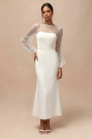 Load image into Gallery viewer, White Mermaid Long Bateau Neck Engagement Dress with Sleeves