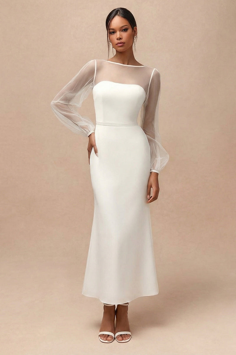 Load image into Gallery viewer, White Mermaid Long Bateau Neck Engagement Dress with Sleeves
