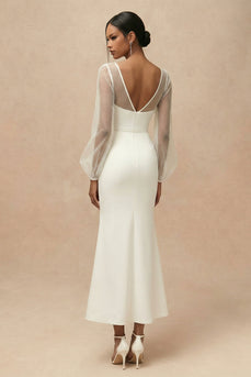 White Mermaid Long Bateau Neck Engagement Dress with Sleeves