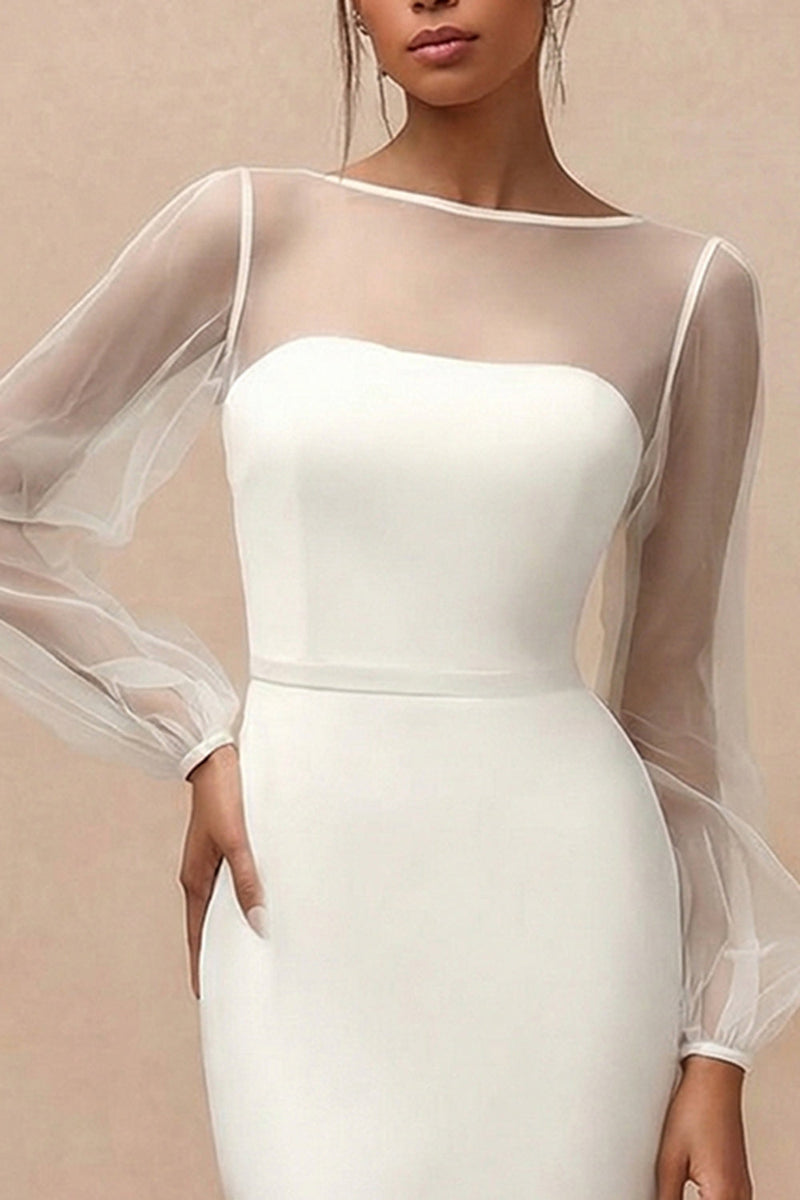 Load image into Gallery viewer, White Mermaid Long Bateau Neck Engagement Dress with Sleeves