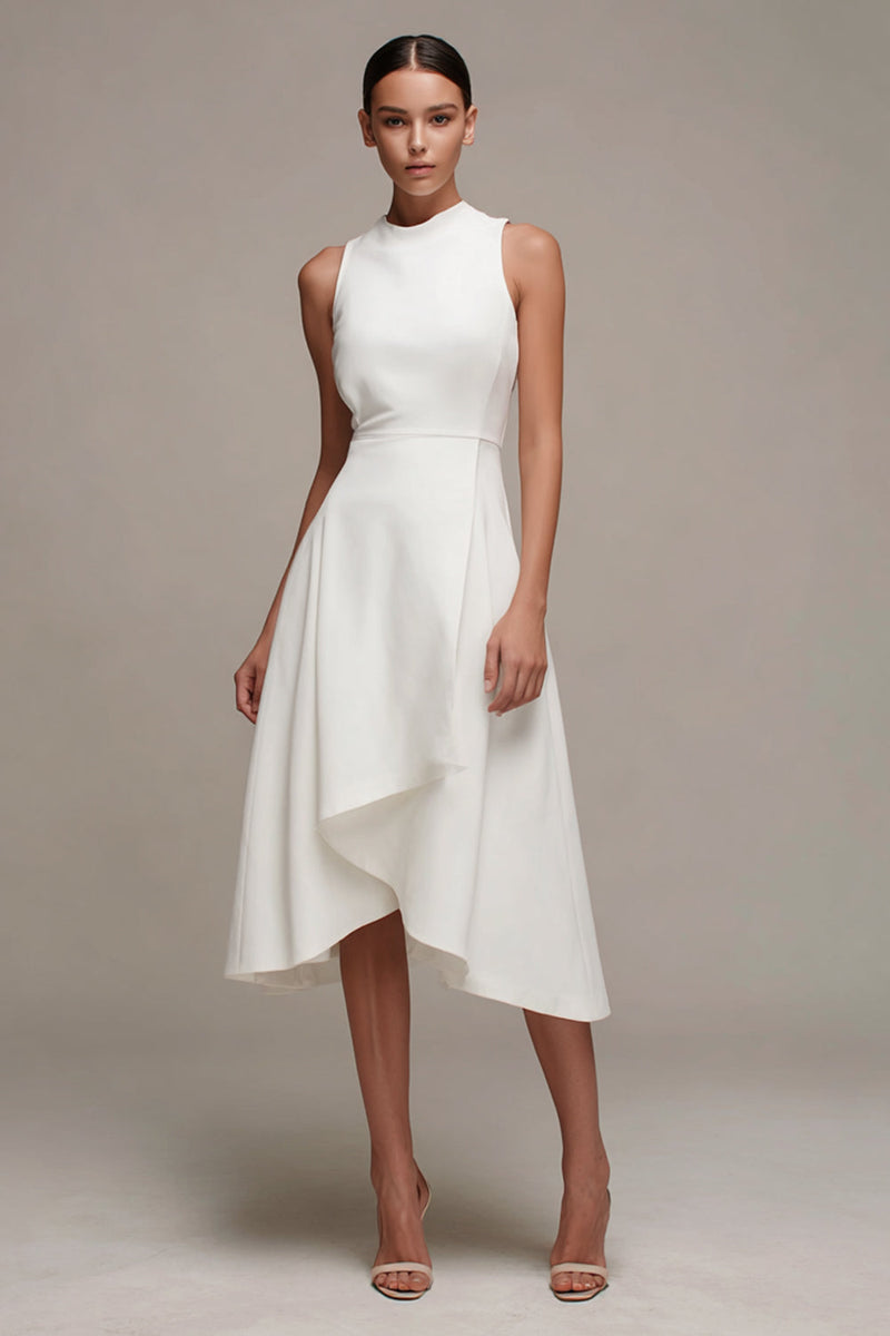 Load image into Gallery viewer, White Asymmetrical Round Neck A Line Engagement Dress with Ruffles