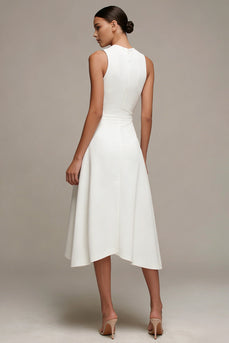 White Asymmetrical Round Neck A Line Engagement Dress with Ruffles