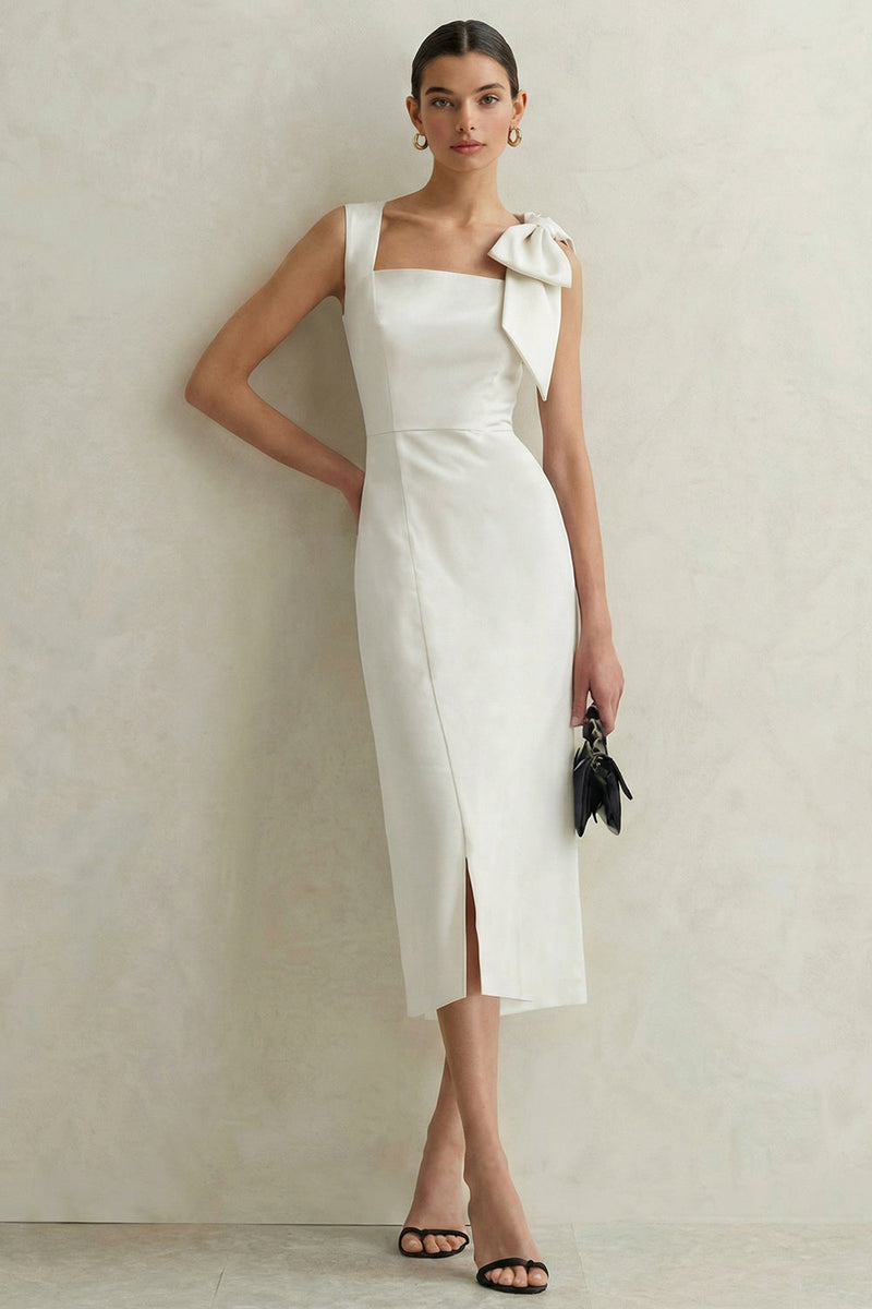 Load image into Gallery viewer, White Square Neck Bodycon Midi Engagement Dress with Bow