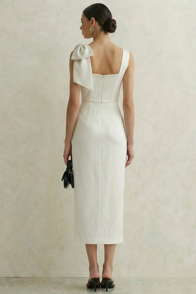 Load image into Gallery viewer, White Square Neck Bodycon Midi Engagement Dress with Bow