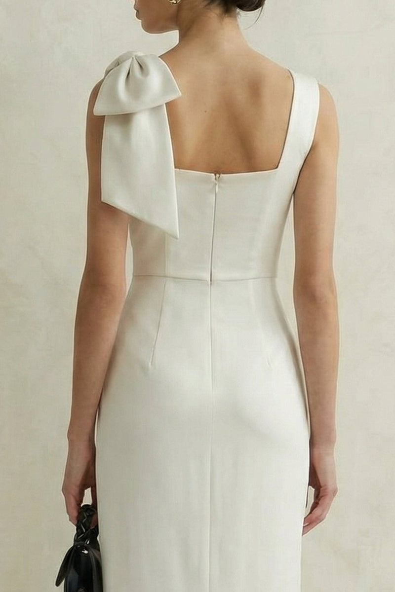 Load image into Gallery viewer, White Square Neck Bodycon Midi Engagement Dress with Bow
