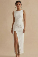 Load image into Gallery viewer, White Sheath Boat Neck Ruched Maxi Engagement Dress with Slit