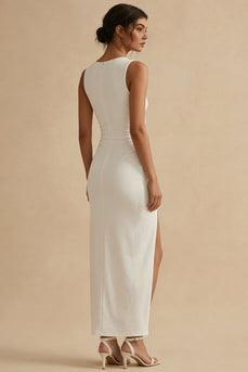 White Sheath Boat Neck Ruched Maxi Engagement Dress with Slit