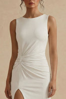 Load image into Gallery viewer, White Sheath Boat Neck Ruched Maxi Engagement Dress with Slit