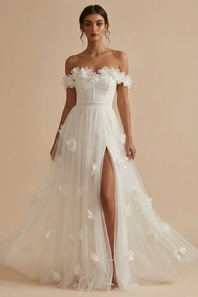 Load image into Gallery viewer, White Floral Corset Off the Shoulder Long Wedding Reception Dress with Slit