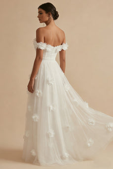 White Floral Corset Off the Shoulder Long Wedding Reception Dress with Slit