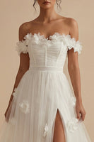 Load image into Gallery viewer, White Floral Corset Off the Shoulder Long Wedding Reception Dress with Slit