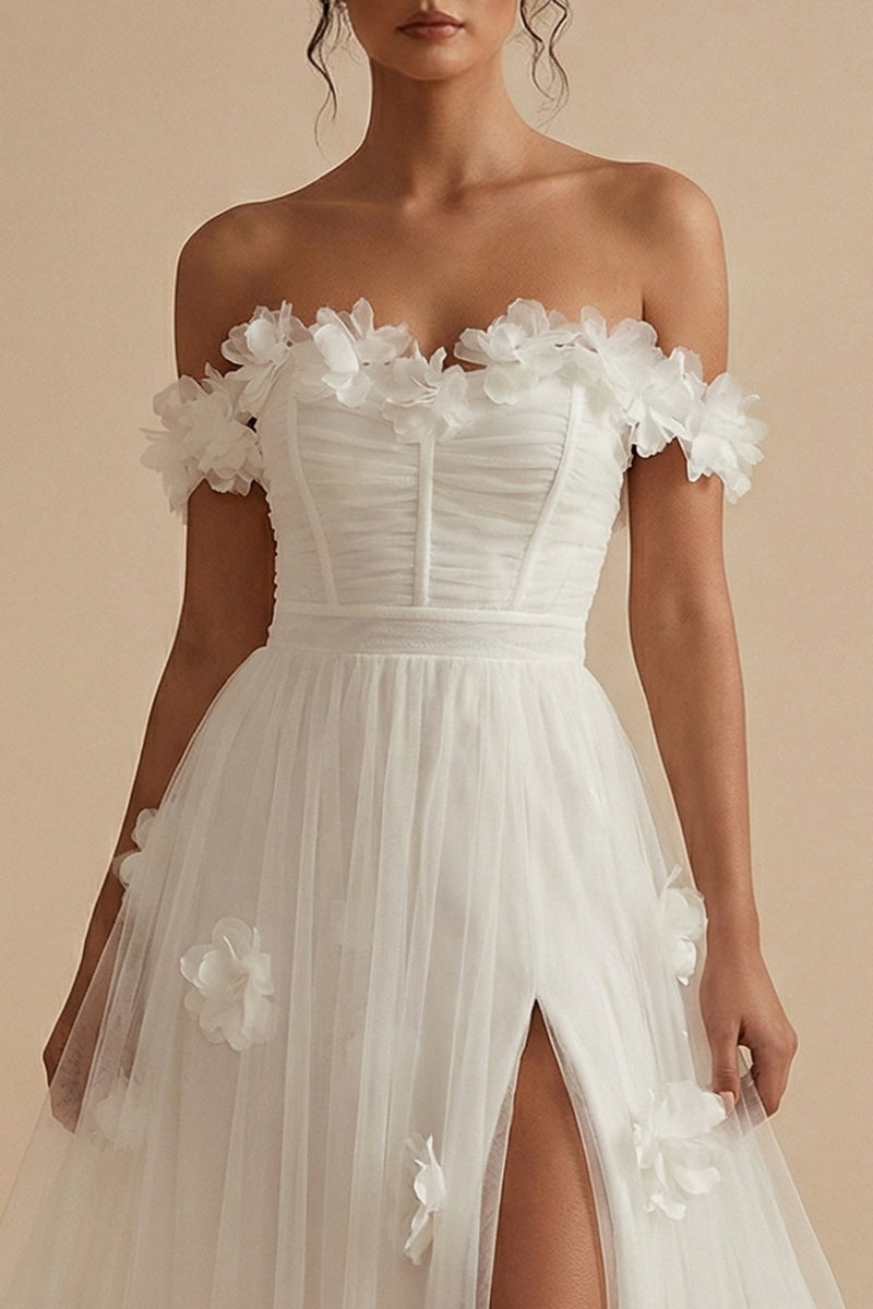 Load image into Gallery viewer, White Floral Corset Off the Shoulder Long Wedding Reception Dress with Slit