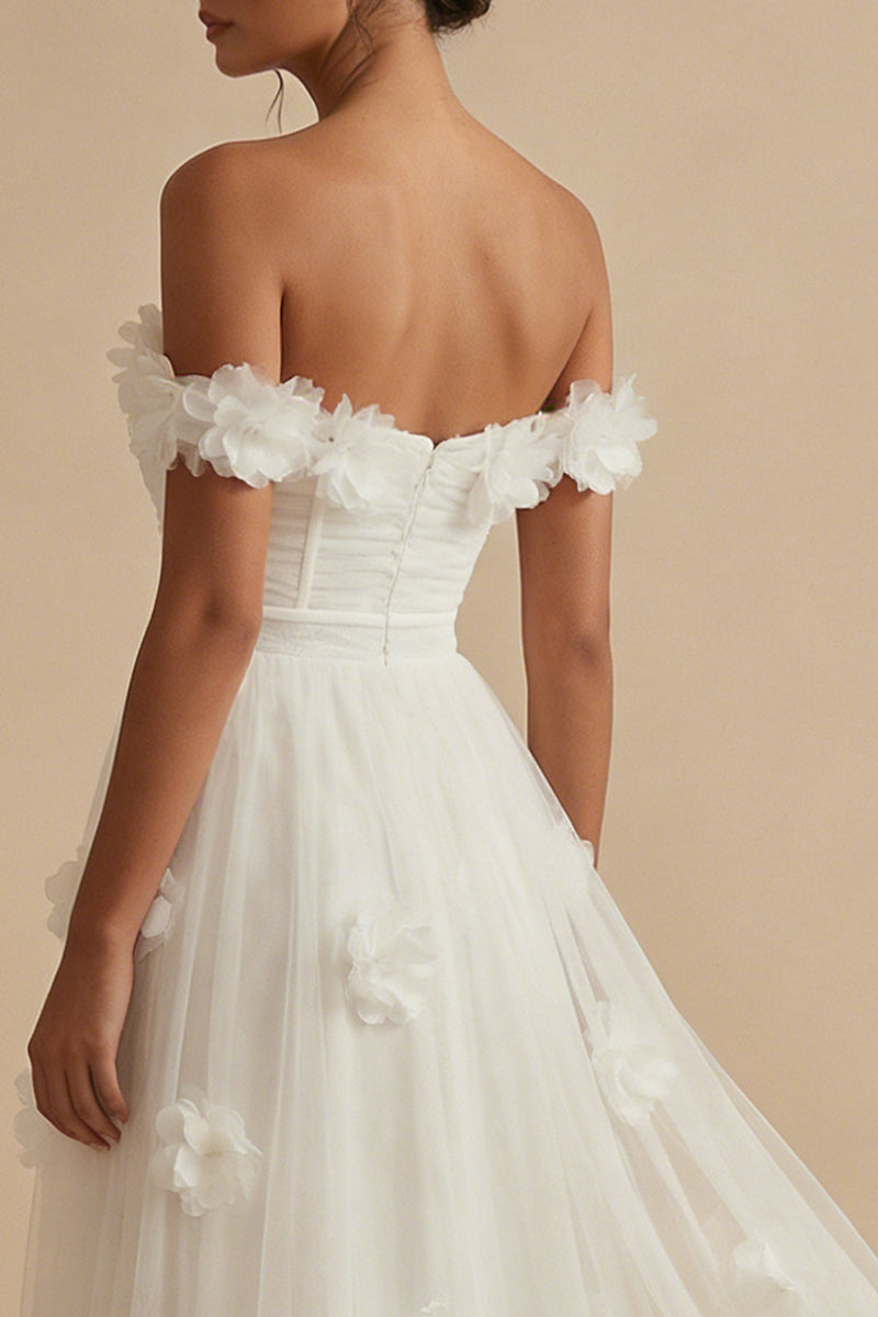 Load image into Gallery viewer, White Floral Corset Off the Shoulder Long Wedding Reception Dress with Slit