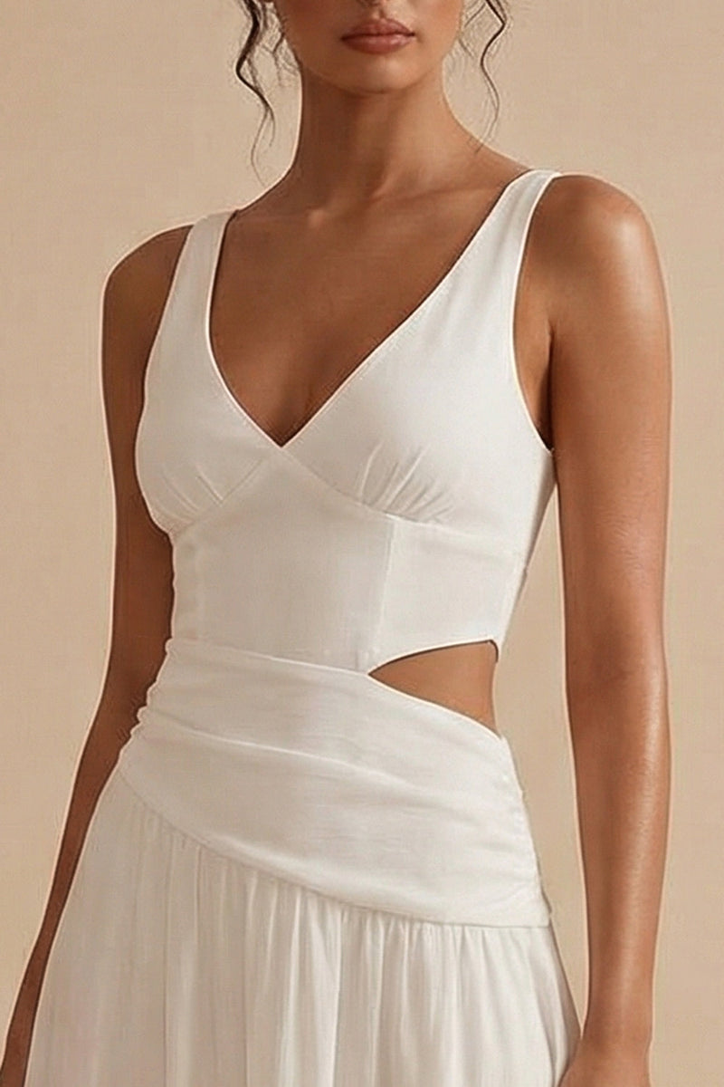 Load image into Gallery viewer, White Maxi V Neck A Line Cut Out Engagement Dress