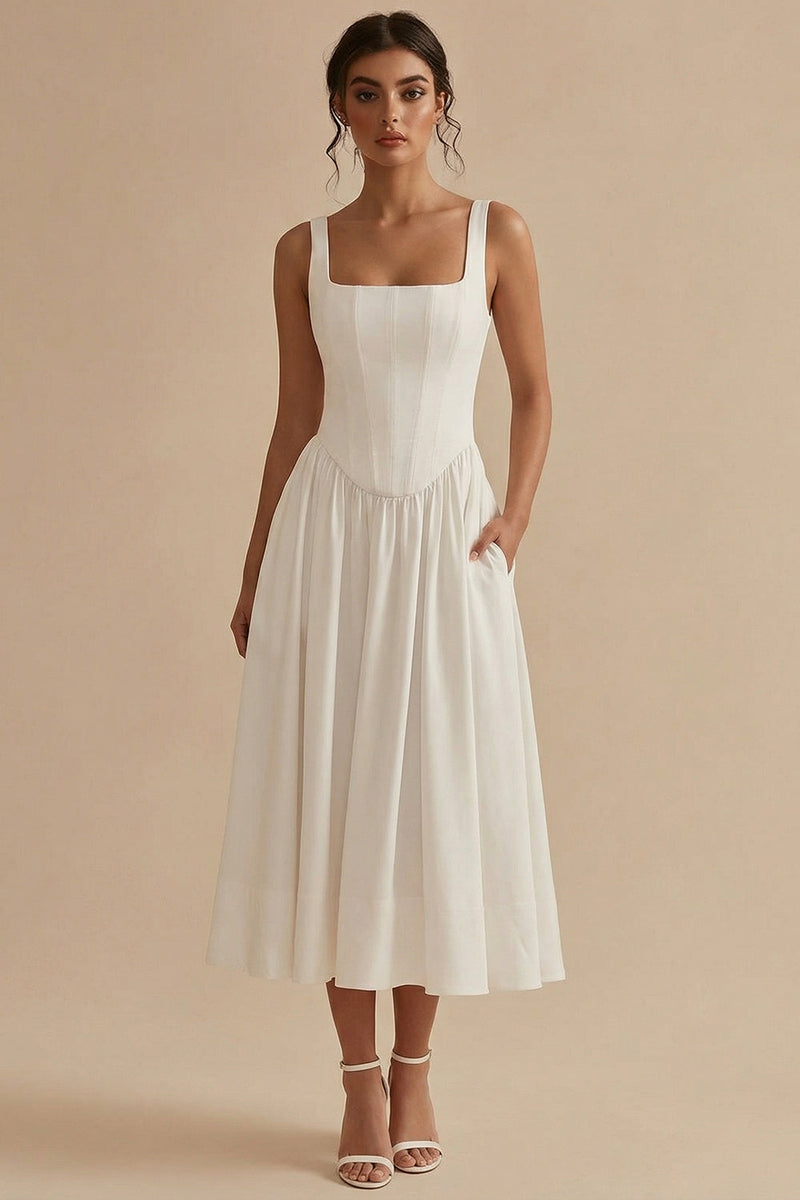 Load image into Gallery viewer, White Basque Waist Corset Square Neck Midi Engagement Dress