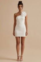 Load image into Gallery viewer, White One Shoulder Short Bodycon Graduation Dress with 3D Flower
