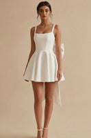 Load image into Gallery viewer, White Short A Line Square Neck Graduation Dress with Bow